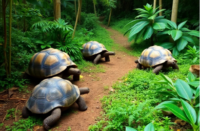 Nature and wildlife tour featuring giant tortoises and lush tropical vegetation
